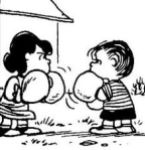 Peanuts Cartoon image: Lucy Van Pelt boxing Linus