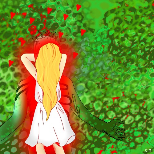 A young woman in a white dress with her back to camera, in front of a green bush with the outline of a green monster emerging from it 